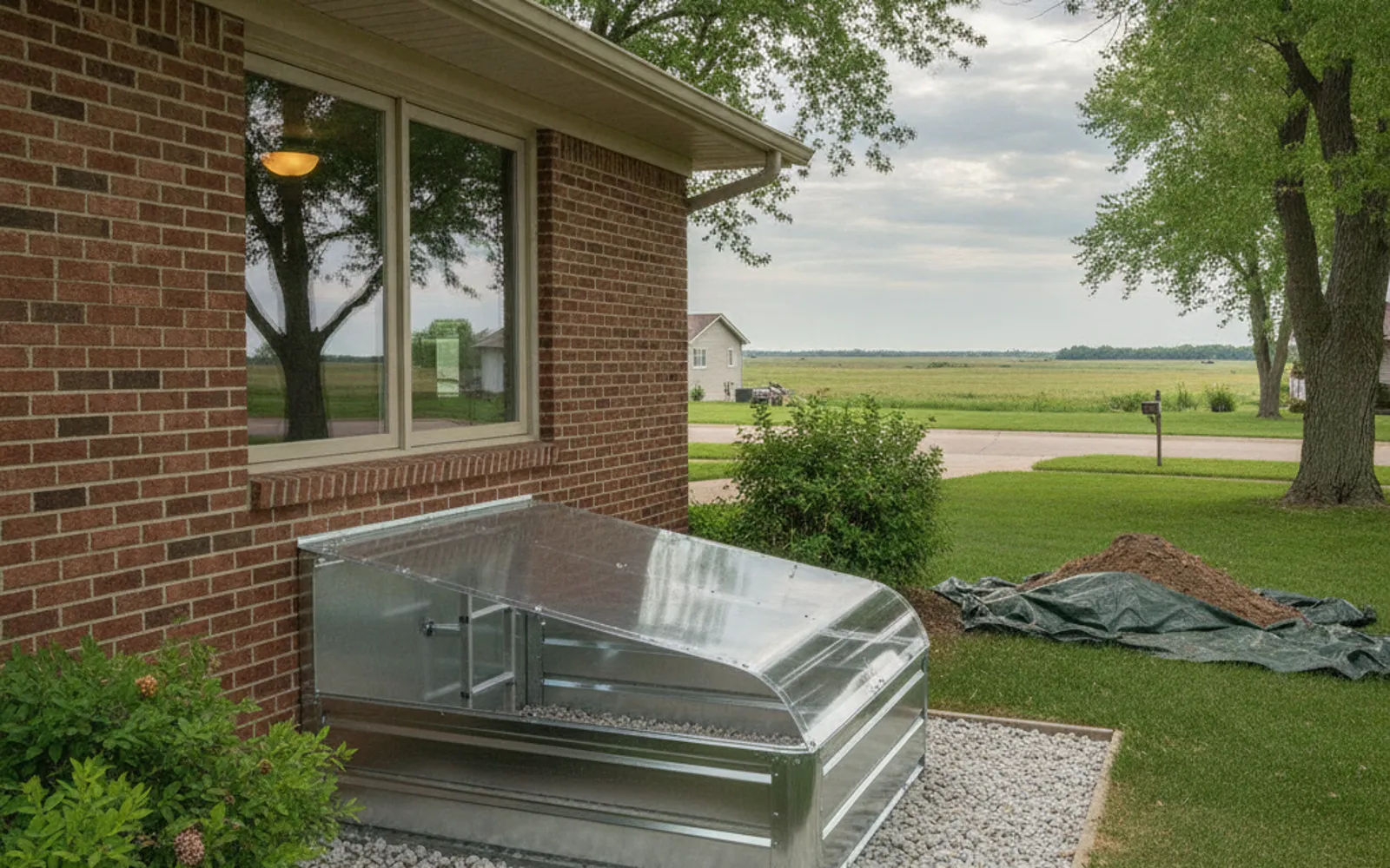 Window well with gravel base and drainage installed below grade