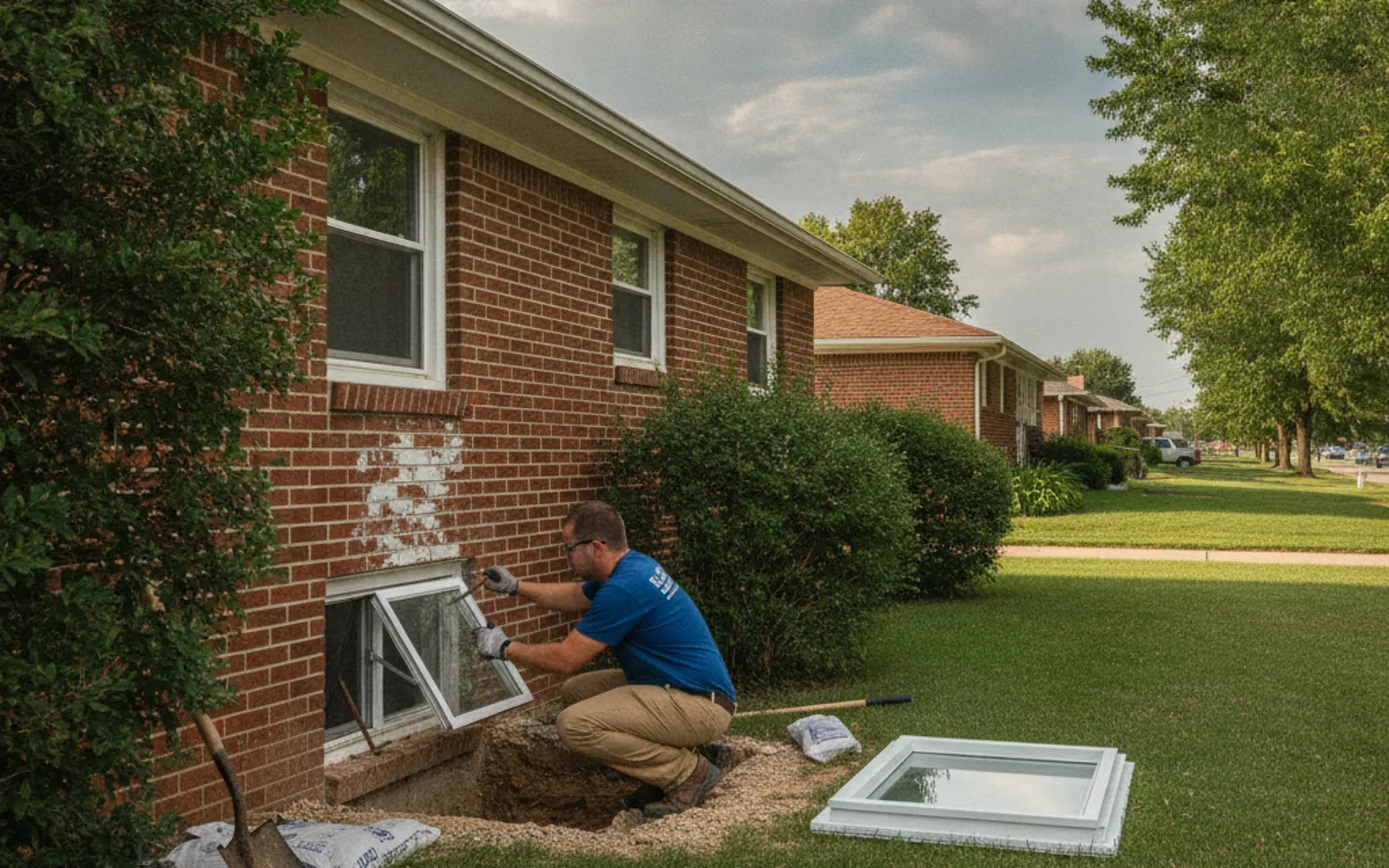 Standard basement window being swapped out for a new unit