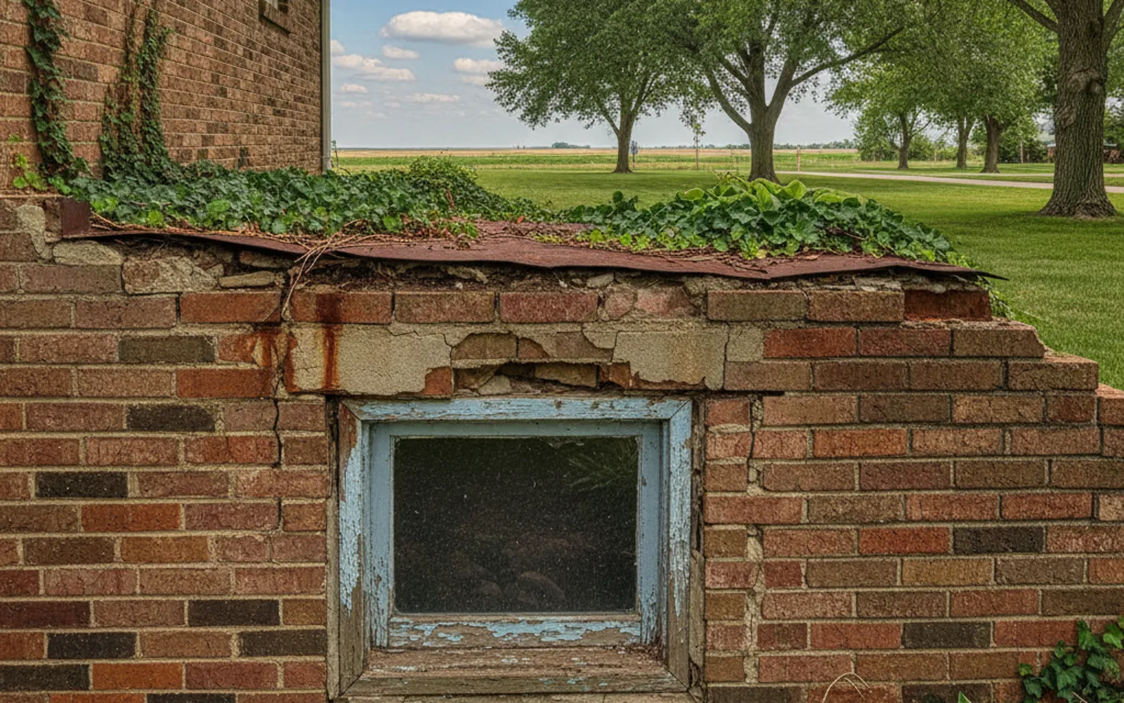 A corrugated metal window well wall bowing away from the foundation